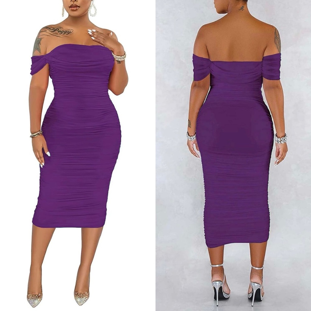 Sexy Off Shoulder Sleeveless Bodycon Ruched Midi Elegant Cocktail Evening Dress